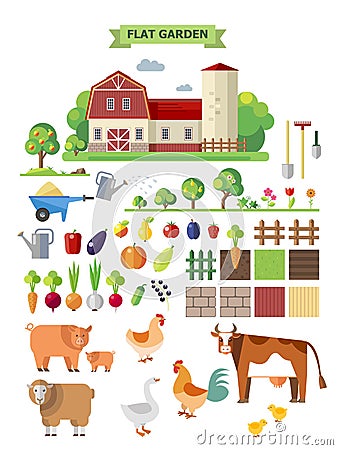 Flat farm with farmhouse Vector Illustration