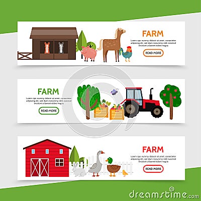 Flat Farm Horizontal Banners Vector Illustration