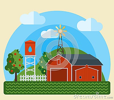 Flat Farm Landscape Vector Illustration