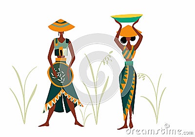 Flat farmer people. Asian farm rice fields vector illustration set Cartoon Illustration