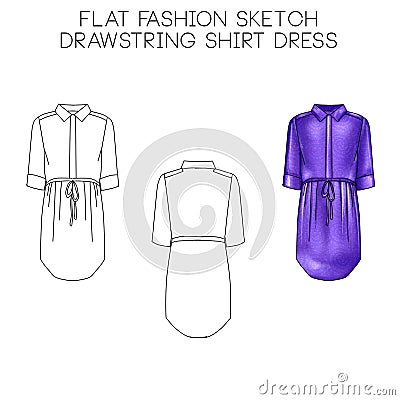 Flat fashion technical sketch - Drawstring short dress Stock Photo