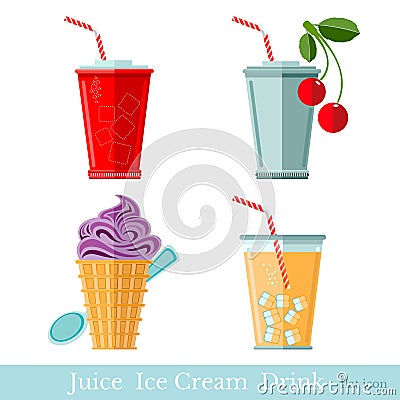 Flat fast food drink and ice creame with pack Vector Illustration
