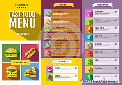 Flat Fast food menu. Set of food and drinks icons. Vector Illustration