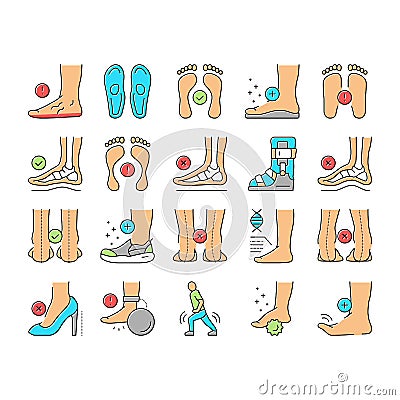 Flat Feet Disease Collection Icons Set Vector . Vector Illustration
