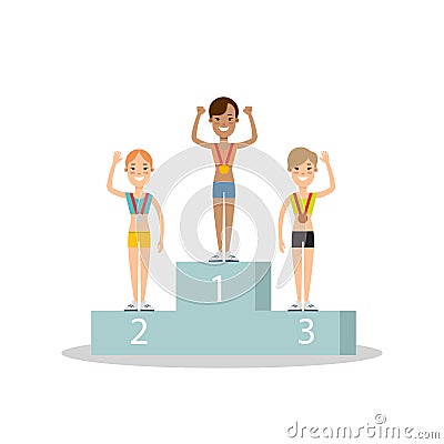 Flat female winner athletes pedestal Sports Cartoon Illustration