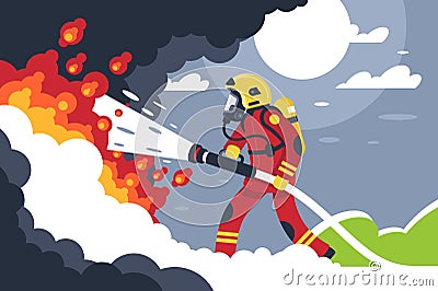 Flat fire fighting man puts out fire. Vector Illustration