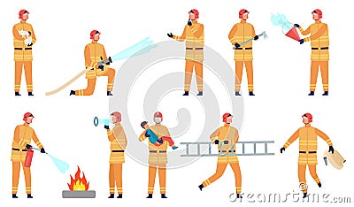 Flat firefighter character with hose, bucket, fire extinguisher and ax. Fireman rescue child. Emergency service hero Vector Illustration