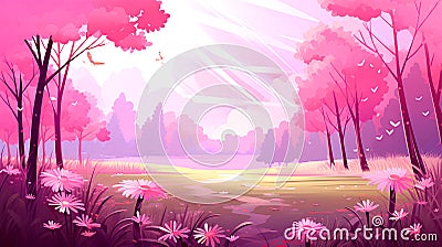 Flat first clearing, pink glow, lots of grass, flowers, trees, butterflies Stock Photo