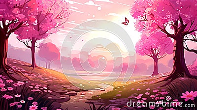 flat first clearing, pink glow, lots of grass, flowers, trees and butterflies, nature inspirations Stock Photo