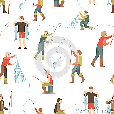 Flat fisher man seamless pattern. Fishing background with cartoon character people Vector Illustration