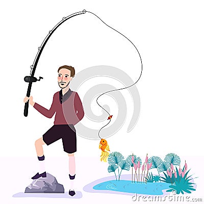 Flat Fisherman with fish holding fishing rod vector illustration vacation Vector Illustration