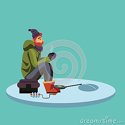 Flat fisherman hat sits on bag with spin fishing rod in hand and catches bucket, Fishman crocheted spin into the ice Vector Illustration