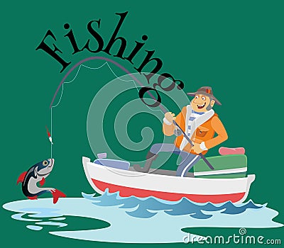 Flat fisherman hat sits on boat with trolling fishing rod in hand and catches bucket, Fishman crocheted spin into the Vector Illustration