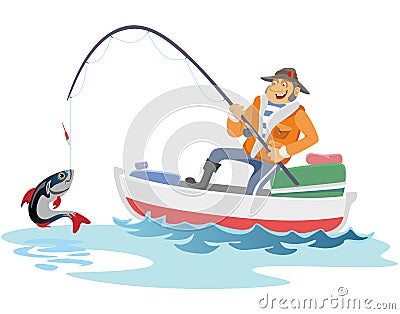 Flat fisherman hat sits on boat with trolling fishing rod in hand and catches bucket, Fishman crocheted spin into the Vector Illustration