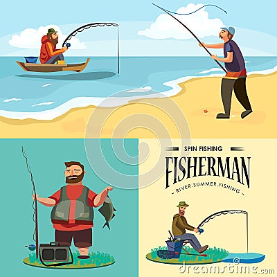 Flat fisherman hat sits on shore with fishing rod in hand and catches bucket and net, Fishman crocheted spin into the Vector Illustration