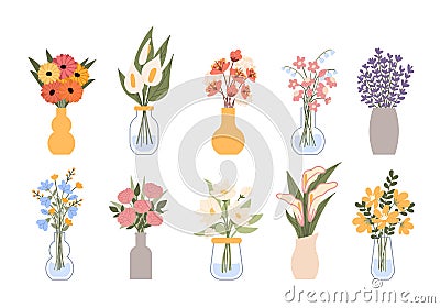 Flat floral bouquet. Gift with flower blossoms in vase, bunch of plants and blooming leaves, garden decor with botanical Vector Illustration