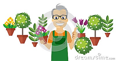 Flat Florist. Colorful Flowers and Little Trees on Background. Vector Illustration