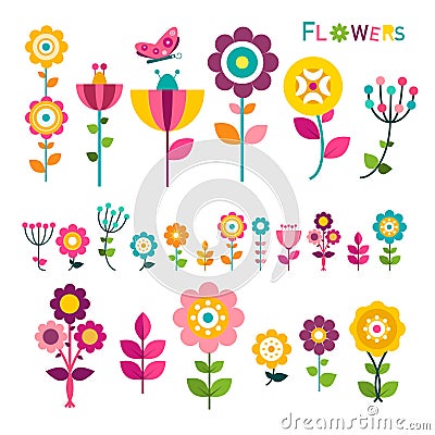 Flat Flower. Colorful Spring Flowers Icons Vector Illustration