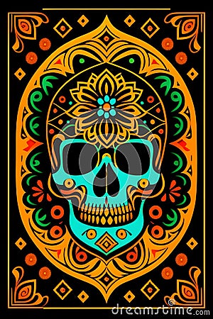 flat Flyer, Flyer flat 2D image of a skull surrounded by mexican ornamental elements such as mates, flowers, garlands of lights Stock Photo