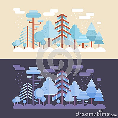 Flat forest scene with day and night Vector Illustration