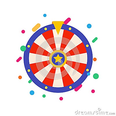 Flat Fortune wheel for Gambling game. Raffle prizes. Random choice wheel logo. Round colorful lottery, casino symbol Vector Illustration