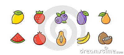 Flat fruit icon lemon vector strawberry tropical coconut quince watermelon plum sign. Vector Illustration