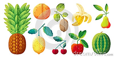 Flat fruits collection. Fruit clipart, sweets citrus, banana and pineapple. Lemon and orange design. Modern abstract Vector Illustration