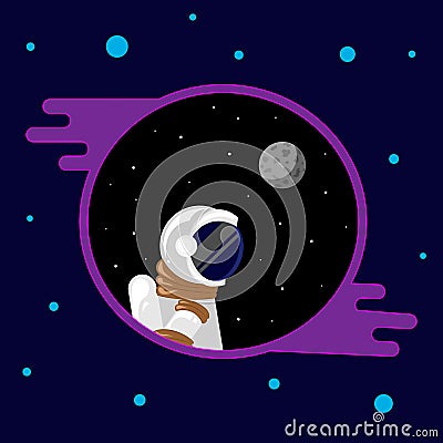 Flat Funny astronaut in space with stars and moon around Stock Photo