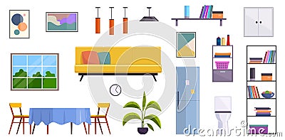 Flat furniture. Home room interior elements. Window, lamp and plant, sofa and chair with table, bookcase and fridge Vector Illustration