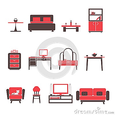 Flat Furniture Icons and Symbols Set for Living Room Isolated Vector Illustration Vector Illustration