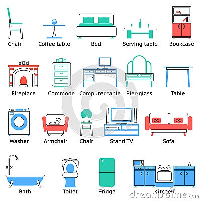 Flat Furniture Icons and Symbols Set for Living Room Isolated Vector Illustration Vector Illustration