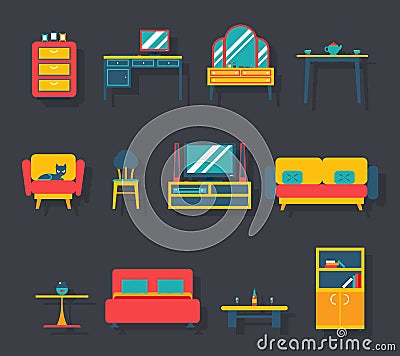 Flat Furniture Icons and Symbols Set for Living Vector Illustration