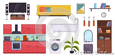 Flat furniture. Sofa, lamps and pictures, bath, bookcase and washbasin. Tv, washer and kitchen home room interior Vector Illustration