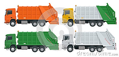 Flat Garbage truck. Garbage recycling and utilization equipment. City waste recycling concept with garbage truck. Vector Illustration