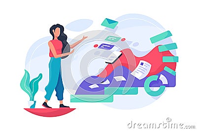 Flat girl and data with message, graph, papper work. Vector Illustration