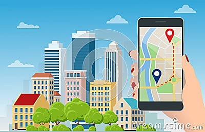 Flat GPS navigation in the phone with a red and blue pointers. GPS tracking map. Track navigation pins on street maps Vector Illustration