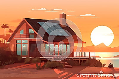 Flat graphic illustration of a lovely beach and cottage. Beautiful picture. Generative AI Cartoon Illustration