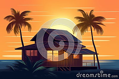 Flat graphic illustration of a lovely beach and cottage. Beautiful picture. Generative AI Cartoon Illustration