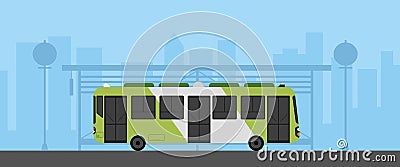 Flat green bus with bus stop in urban scene vector illustration.Bus on main street with cityscape. Vector Illustration