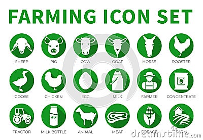 Flat Green Farming or Farm Icon Set of Sheep, Pig, Cow, Goat, Horse, Rooster, Goose, Chicken, Egg, Milk, Farmer, Concentrate, Stock Photo