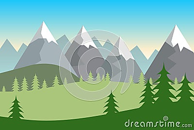 Flat green summer forested landscape with hills covered in snow. Vector Illustration