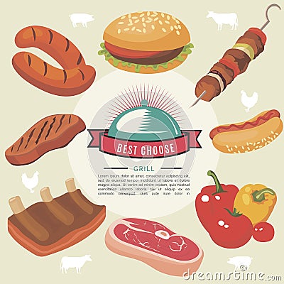 Flat Grill Food Round Concept Vector Illustration