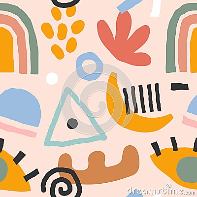 Flat hand drawn contemporary abstract elements made as seamless vector pattern. Abstraction doodles and shapes on colored backgrou Stock Photo