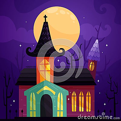 flat hand drawn realistic design spooky halloween house Vector Illustration