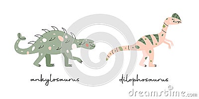 Flat hand drawn vector illustrations of dinosaurs ankylosaurus and dilophosaurus Vector Illustration