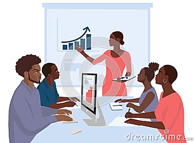 Flat hand drawn young african business people in the office, teamwork, realistic group portrait Vector Illustration