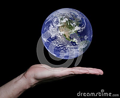 Flat Hand With Floating Earth Stock Photo