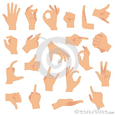 Flat hand gestures. Pointing human finger gesture, open hand signal. Arm communication attention signs vector collection Vector Illustration