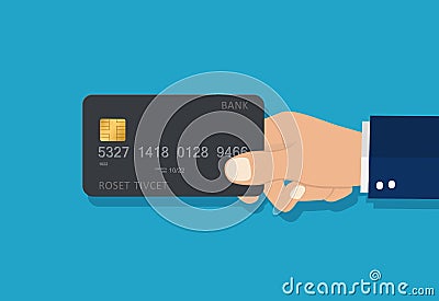 Flat hand holds credit card with chip. Business customer pays for buy online. Design plastic card for transfer money in store. Vector Illustration