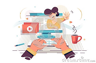 Flat hand man watching video content with young woman in website. Vector Illustration